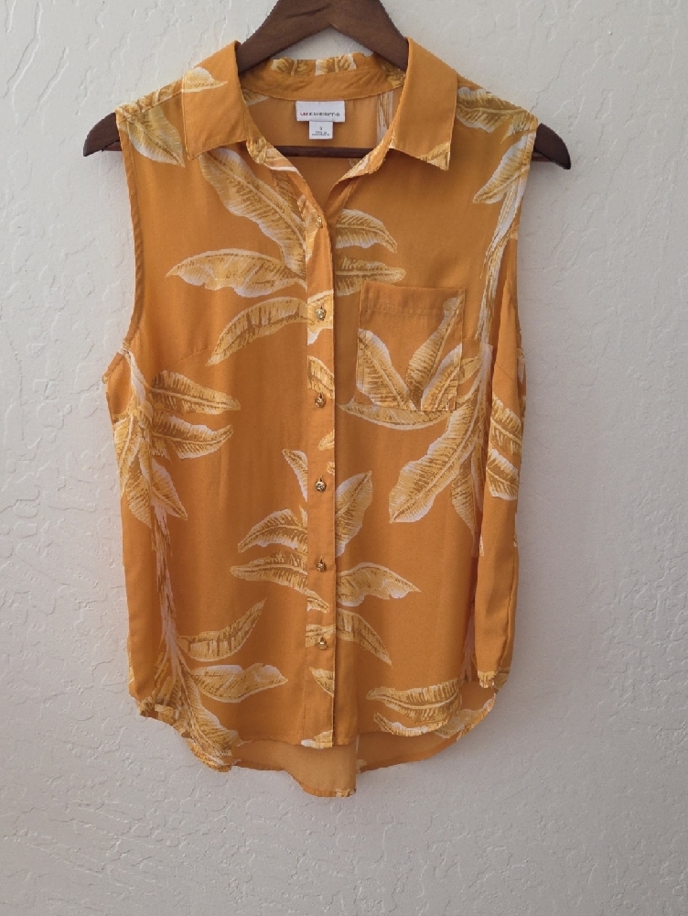 VTG Liz Claiborne Mustard Yellow Leaf-Print Button-Front Shirt